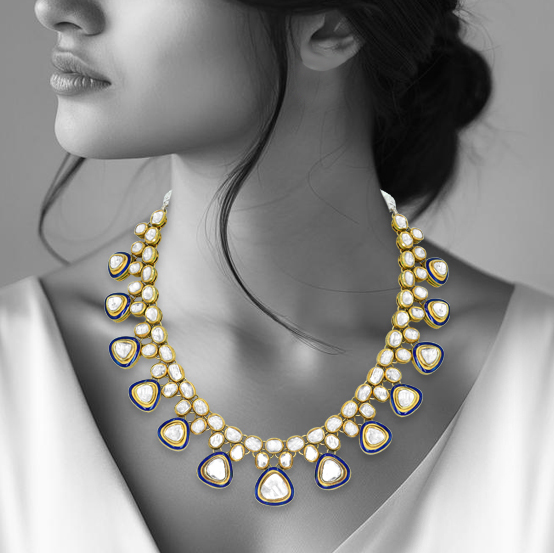 Triangle Polki Necklace with Blue Enamel